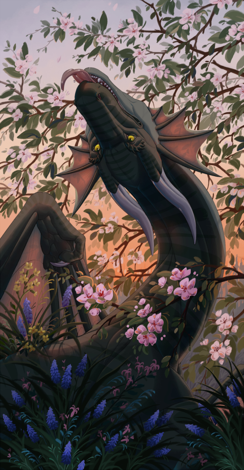 2022 absurd_res ambiguous_gender day detailed_background digital_media_(artwork) dragon feral hi_res membrane_(anatomy) membranous_wings open_mouth outside plant polunoch sky smile solo teeth tongue tree wings yellow_eyes