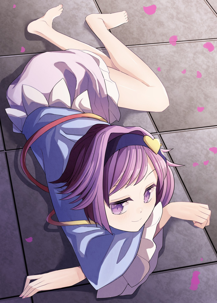 1girl absurdres bangs barefoot blouse blue_blouse closed_mouth commentary_request eyebrows_visible_through_hair fingernails floor frills hairband heart highres komeiji_satori long_fingernails looking_to_the_side lying nail_polish on_stomach petals pink_nails pink_skirt purple_eyes purple_hair purple_hairband satori_day sei_(kaien_kien) shadow skirt smile solo toenail_polish toenails touhou