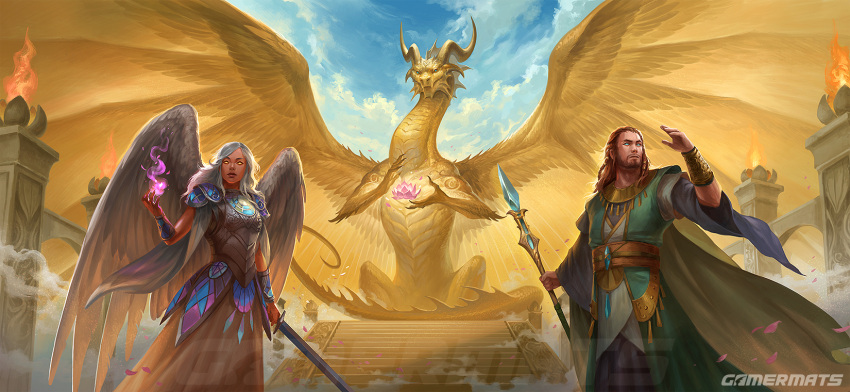 2022 ambiguous_gender claws day detailed_background digital_media_(artwork) dragon feathered_wings feathers feral hair hi_res holding_object holding_sword holding_weapon horn melee_weapon membrane_(anatomy) membranous_wings outside sandara scales scalie sky spines standing sword weapon western_dragon wings yellow_body yellow_scales