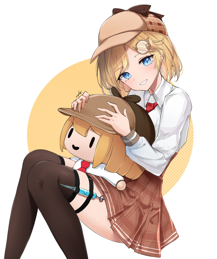 1girl absurdres bangs black_legwear blonde_hair blue_eyes brown_skirt english_commentary eyebrows_visible_through_hair eyelashes forehead frilled_skirt frills hair_ornament hat highres holding hololive hololive_english hug knees_together_feet_apart long_sleeves looking_at_viewer loose_necktie monocle necktie open_mouth over-kneehighs parted_bangs red_necktie short_hair signature sitting skirt smol_ame solo sunny721 teeth thighhighs thighs two-tone_background virtual_youtuber watson_amelia white_sleeves