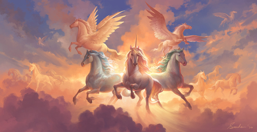 2022 day detailed_background digital_media_(artwork) equid equine feathered_wings feathers feral group hooves horn horse looking_at_viewer mammal outside pegasus sandara sky unicorn wings