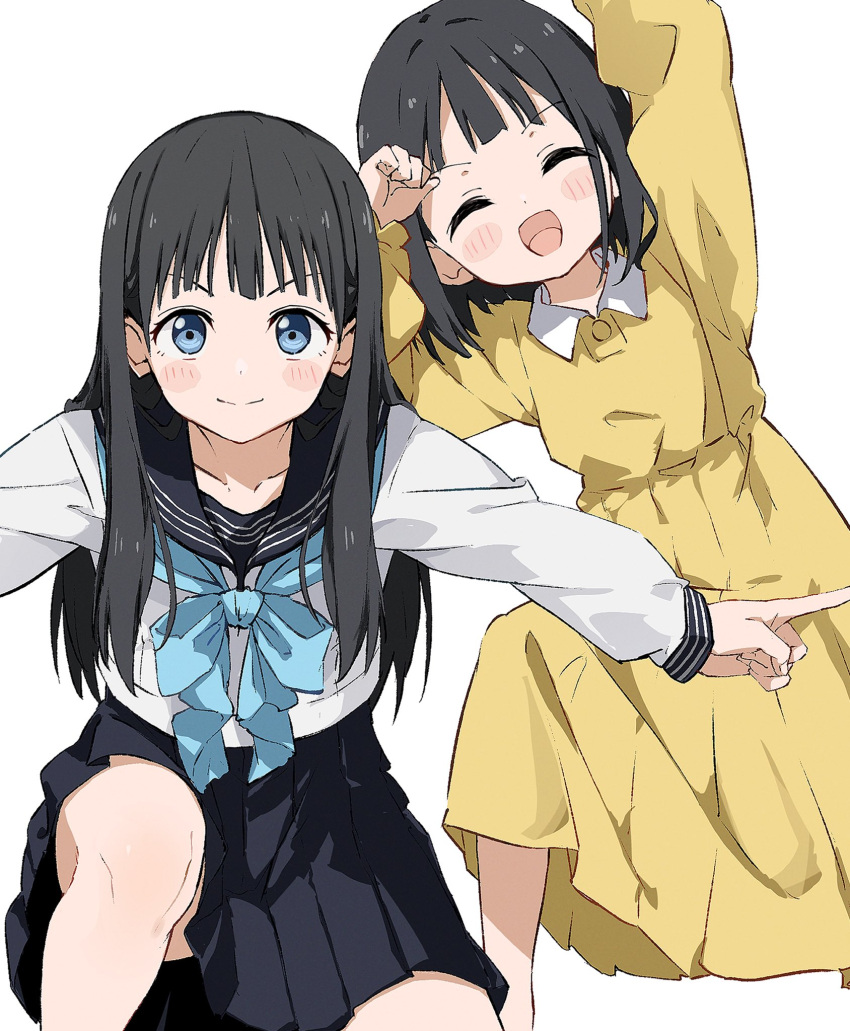 2girls age_difference akebi-chan_no_serafuku akebi_kao akebi_komichi arm_up black_hair black_sailor_collar black_skirt blue_eyes blue_neckerchief blush_stickers child clenched_hand closed_eyes commentary_request dress hand_up height_difference highres index_finger_raised long_hair long_sleeves looking_at_viewer multiple_girls neckerchief one_knee open_mouth pleated_skirt rauto sailor_collar school_uniform serafuku shirt short_hair siblings sisters skirt smile v-shaped_eyebrows white_background white_shirt wing_collar yellow_dress