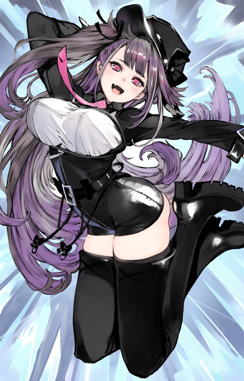 1girl azur_lane bangs black_footwear black_headwear black_shorts boots breasts commission eyebrows_visible_through_hair fang floating_hair high-waist_shorts highres houden_eizou large_breasts long_hair open_mouth pamiat_merkuria_(azur_lane) purple_eyes shorts shrug_(clothing) side_ponytail skeb_commission skin_fang smile solo thigh_boots thighhighs very_long_hair