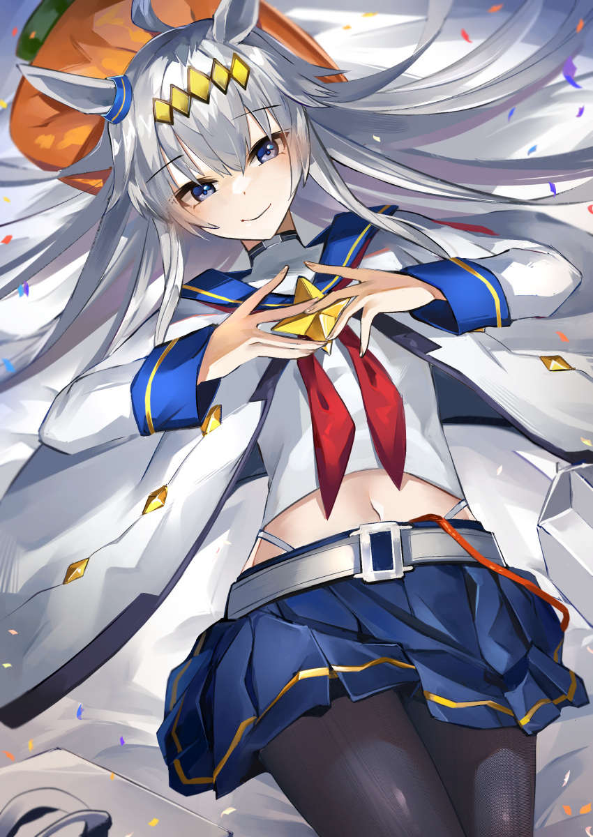 1girl absurdres ahoge animal_ears bangs belt black_legwear blue_eyes blue_skirt carrot_pillow closed_mouth confetti cowboy_shot grey_hair highres horse_ears jacket kansya long_hair long_sleeves looking_at_viewer lying midriff multicolored_hair navel neckerchief oguri_cap_(umamusume) on_back pantyhose red_neckerchief shirt skirt smile solo turtleneck two-tone_hair umamusume white_jacket white_shirt