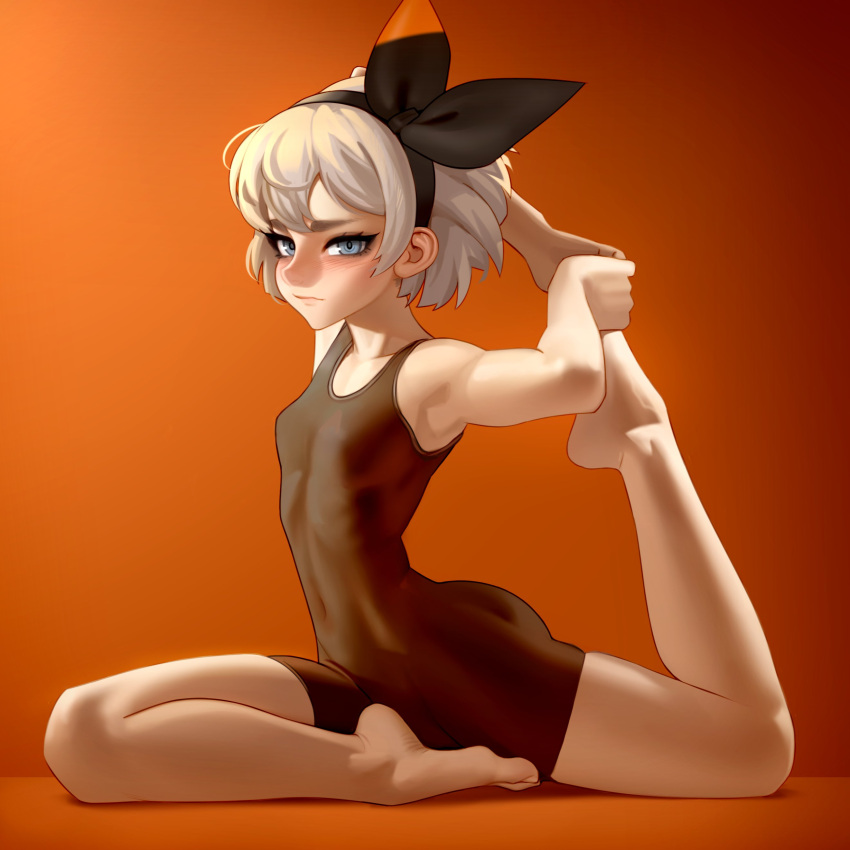 1girl absurdres bare_legs barefoot bea_(pokemon) black_leotard blue_eyes breasts commentary flexible full_body gradient gradient_background hairband highres kairunoburogu leotard looking_at_viewer pokemon pokemon_(game) pokemon_swsh short_hair simple_background small_breasts solo white_hair