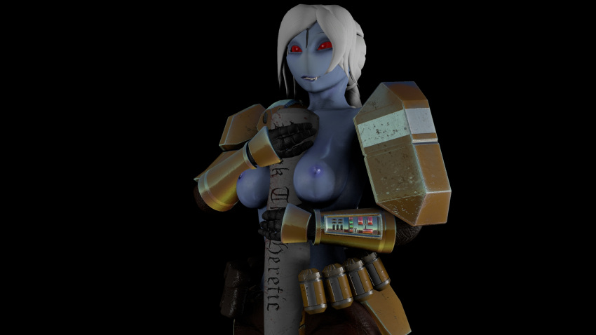 16:9 3d_(artwork) alien armor blue_body blue_skin breasts clothed clothing digital_media_(artwork) female hair hereticalkobold hi_res humanoid melee_weapon partially_clothed red_eyes smug solo source_filmmaker t'au warhammer_(franchise) warhammer_40000 weapon widescreen