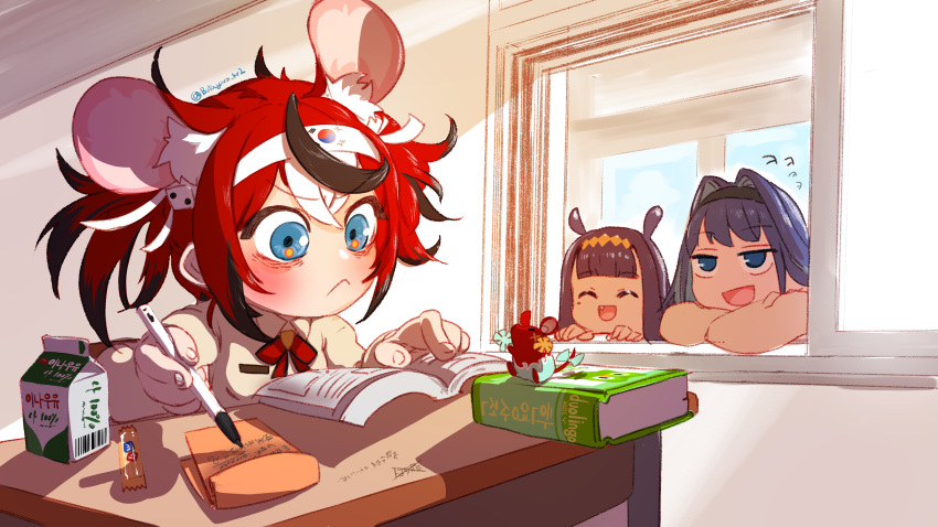 3girls :&lt; :d ^_^ absurdres animal_ear_fluff animal_ears bags_under_eyes bangs black_hair blue_eyes blue_hair book butayaro_kr closed_eyes commentary_request desk dice_hair_ornament extra_ears fang hair_between_eyes hair_ornament hakos_baelz headband highres hololive hololive_english korean_commentary korean_text looking_at_another mixed-language_commentary mouse mouse_ears mr._squeaks_(hakos_baelz) multicolored_hair multiple_girls ninomae_ina'nis open_book ouro_kronii peeking_out pen pom_pom_(cheerleading) purple_hair red_hair school_desk smile south_korean_flag streaked_hair studying twitter_username virtual_youtuber white_hair window