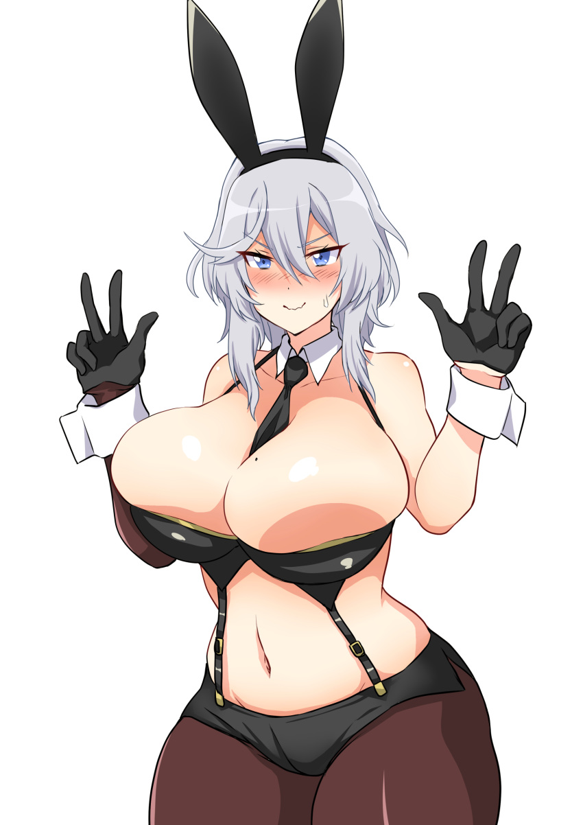 1girl absurdres alternate_breast_size animal_ears azur_lane between_breasts black_gloves black_necktie black_shorts blue_eyes breasts brown_legwear detached_collar double_v fake_animal_ears gloves grey_hair hair_between_eyes highres huge_breasts looking_at_viewer medium_hair midriff mole mole_on_breast navel necktie necktie_between_breasts pantyhose playboy_bunny rabbit_ears shiromochi_(123) short_shorts shorts simple_background skindentation solo standing v washington_(azur_lane) white_background wing_collar wrist_cuffs