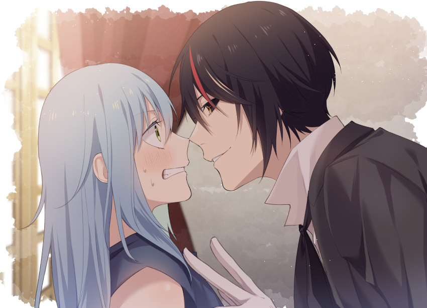 1boy 1other androgynous bangs bent_over black_coat black_hair blue_hair blush clenched_teeth coat commentary_request diablo_(tensei_shitara_slime_datta_ken) eye_contact eyelashes from_side gloves hair_between_eyes highres indoors looking_at_another multicolored_hair nose_blush red_curtains red_hair rimuru_tempest shirt sidelocks ss023xx streaked_hair teeth tensei_shitara_slime_datta_ken white_gloves white_shirt wide-eyed window windowsill yellow_eyes