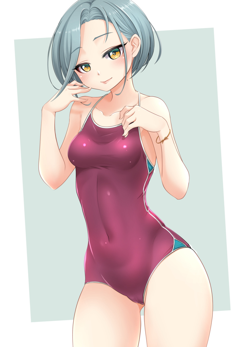 1girl absurdres adapted_costume bangs breasts cameltoe collarbone covered_navel forehead grey_hair highres kantai_collection makura_(user_jpmm5733) mole mole_on_neck one-piece_swimsuit short_hair small_breasts solo standing swept_bangs swimsuit tamanami_(kancolle) yellow_eyes