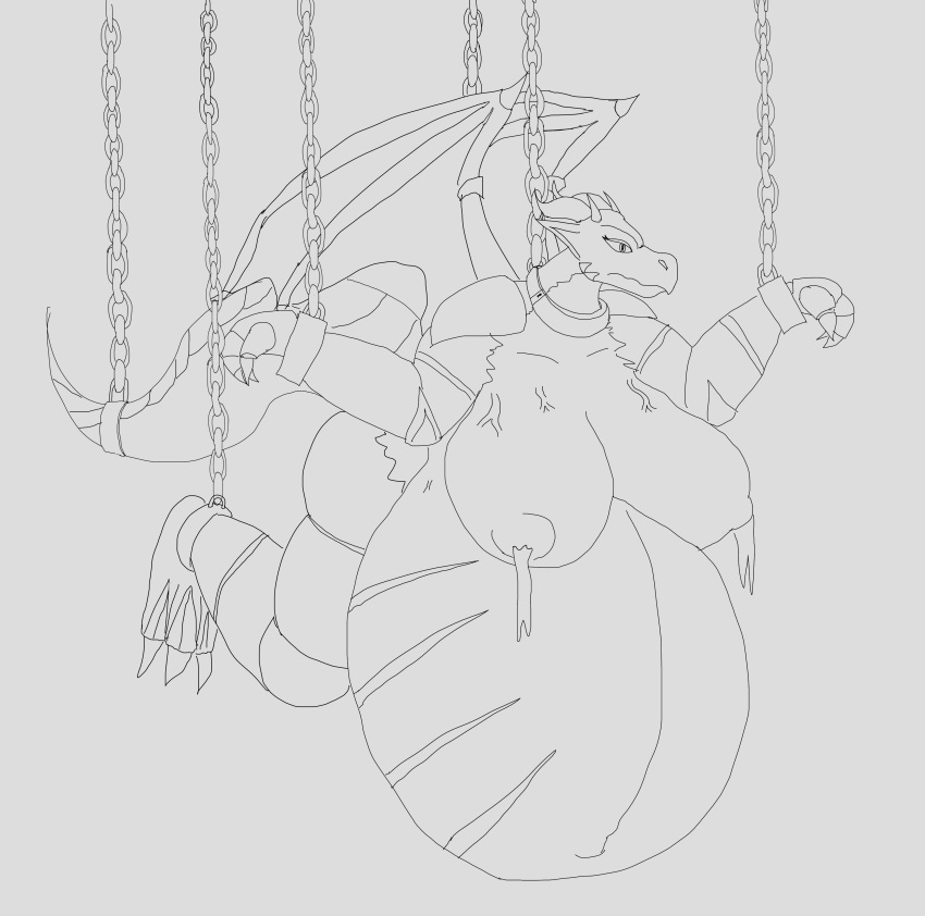 absurd_res anthro belly breasts cell_(disambiguation) chain dragon female hanging_bondage hanging_breasts hi_res horn milk pauliusthemad pregnant prison solo vein vwpologt wings
