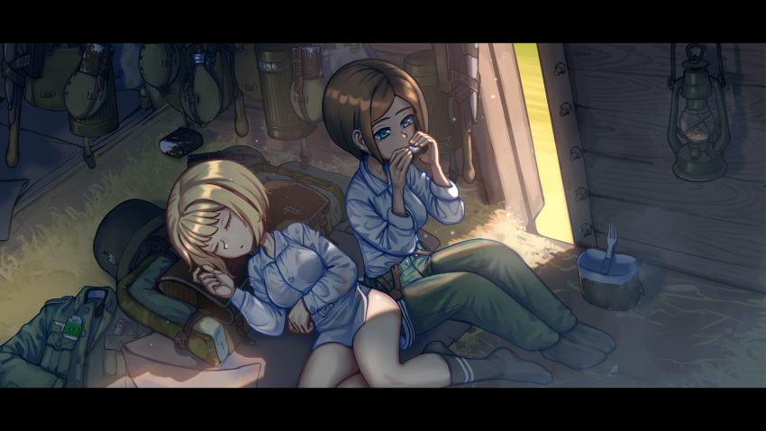 2girls absurdres black_legwear blonde_hair blue_eyes brown_hair closed_eyes collared_shirt erica_(naze1940) green_pants harmonica hay helmet highres instrument lantern long_sleeves lying military_helmet multiple_girls on_side original pants shirt short_hair sitting sleeping socks stahlhelm train_interior white_shirt world_war_ii