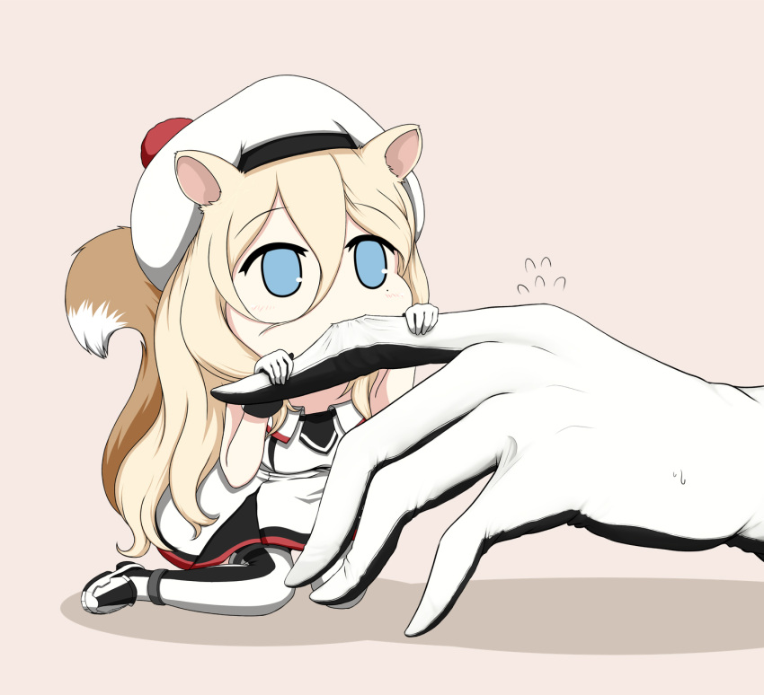 1girl animal_ears beige_background beret black_gloves black_legwear blonde_hair blue_eyes blush chibi dress flying_sweatdrops gloves hat highres kantai_collection long_hair mole mole_under_eye multicolored_clothes multicolored_gloves pom_pom_(clothes) richelieu_(kancolle) shadow solo squirrel_ears squirrel_tail tail thighhighs white_dress white_gloves white_headwear white_legwear yakuto007