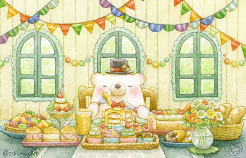 bear black_headwear blush bow bowtie chair flower fork hat hat_ribbon holding holding_fork holding_knife indoors knife no_humans original polar_bear red_bow red_bowtie red_ribbon ribbon signature sitting st.kuma table top_hat twitter_username vase window