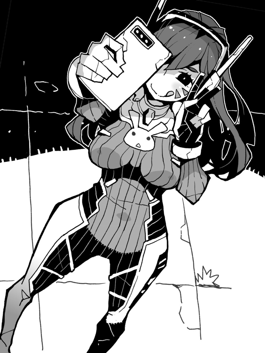1girl animal_print bangs bodysuit bunny_print commentary d.va_(overwatch) dowman_sayman facepaint facial_mark gloves greyscale headphones highres holding holding_phone long_hair monochrome overwatch phone pilot_suit selfie smile solo swept_bangs tongue tongue_out v
