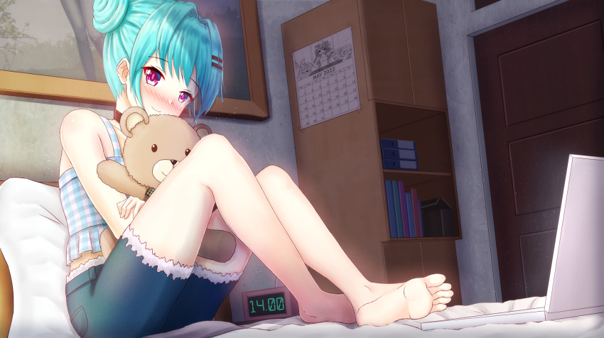 1girl bangs bare_arms bare_shoulders barefoot blue_hair blue_shorts blush calendar_(object) camisole clock closed_mouth commentary commission computer digital_clock double_bun english_commentary eyebrows_visible_through_hair fur-trimmed_shorts fur_trim hair_intakes hair_ornament hairclip highres indoors laptop looking_at_viewer nose_blush object_hug on_bed original patrick_star pillow plaid prophosphere purple_eyes short_shorts shorts sitting smile solo spongebob_squarepants spongebob_squarepants_(character) stuffed_animal stuffed_toy teddy_bear