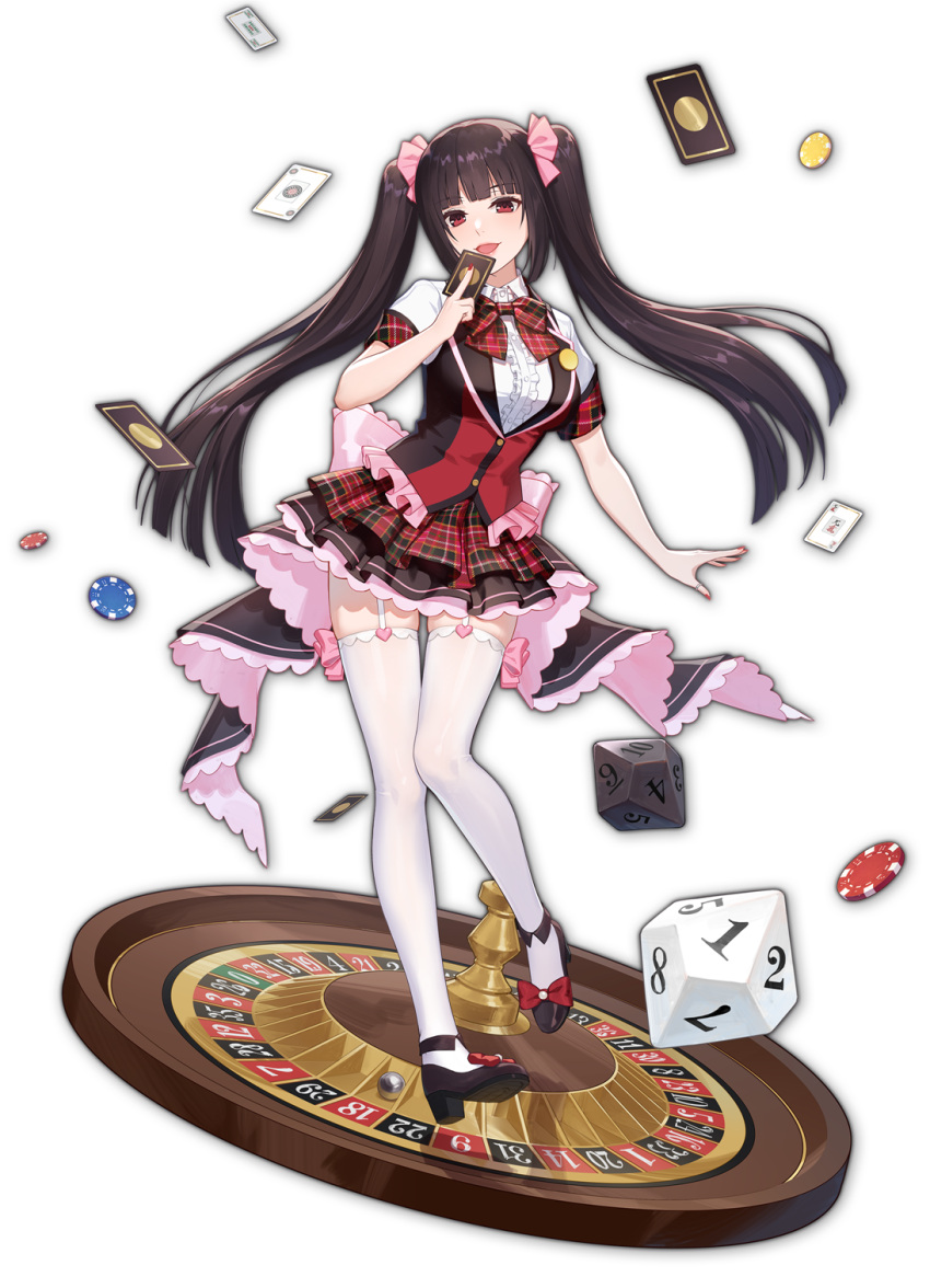 1girl artist_request black_footwear bow bowtie brown_hair card dice eyebrows_visible_through_hair game_cg highres hime_cut holding holding_card jabami_yumeko kakegurui looking_at_viewer mahjong mahjong_soul mahjong_tile official_art open_mouth playing_card poker_chip red_bow red_eyes red_nails roulette shirt simple_background thighhighs third-party_source transparent_background twintails white_shirt yostar