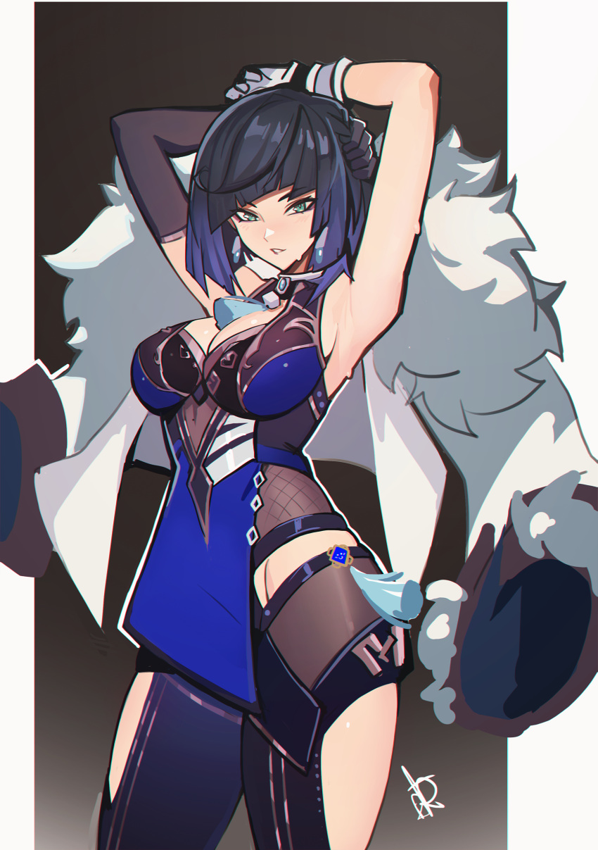 1girl absurdres armpits arms_up bangs blue_hair blunt_bangs bob_cut breasts cleavage distr fur_trim genshin_impact green_eyes highres large_breasts parted_lips short_hair sleeveless sweat yelan_(genshin_impact)