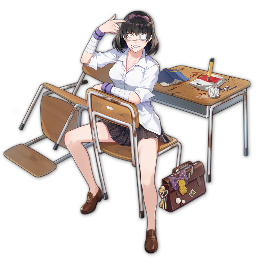 1girl artist_request bag bandaged_arm bandages book bookbag bow boxcutter brown_footwear chair charm_(object) crumpled_paper damaged desk eyebrows_visible_through_hair eyepatch finger_gun finger_gun_to_head game_cg heart heart_print houndstooth hyakkaou_academy_uniform ikishima_midari kakegurui looking_at_viewer mahjong_soul official_art one_eye_covered piercing pleated_skirt purple_bow purple_lips shirt simple_background sitting sitting_backwards skirt third-party_source transparent_background white_shirt yellow_eyes yostar