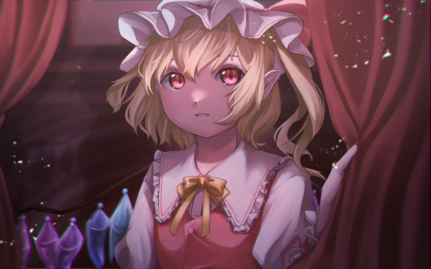 1girl bangs blonde_hair crystal curtains flandre_scarlet frilled_shirt_collar frills hair_between_eyes hasukappu hat indoors looking_at_viewer mob_cap pointy_ears puffy_short_sleeves puffy_sleeves red_eyes red_ribbon red_vest ribbon shirt short_sleeves solo touhou upper_body vest white_headwear wings yellow_neckwear