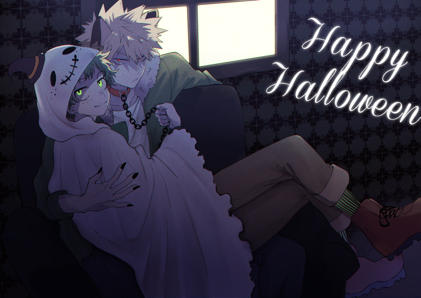 2boys absurdres animal_ears arm_around_back bakugou_katsuki black_nails blonde_hair boku_no_hero_academia chain collar couch freckles fur_collar ghost_costume green_eyes green_hair green_jacket happy_halloween hat highres holding holding_chain jacket looking_at_viewer male_focus midoriya_izuku multiple_boys rapiko red_collar red_eyes red_footwear scowl sitting smile spiked_hair window witch_hat wolf_ears