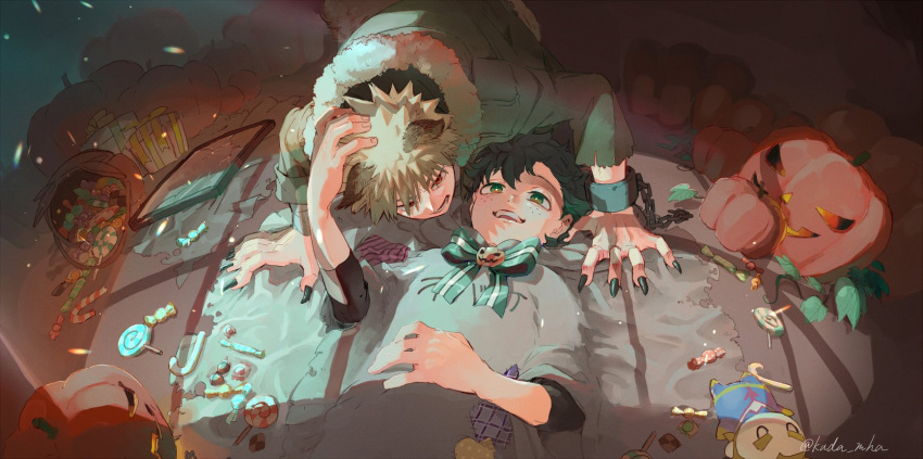 2boys all_fours animal_ears bag bakugou_katsuki black_nails blonde_hair boku_no_hero_academia box candy candy_cane chain fingernails fisheye food freckles from_above fur_collar gift gift_box green_eyes green_hair green_jacket halloween halloween_costume highres jack-o'-lantern jacket kada_mha leaf lollipop lying midoriya_izuku multiple_boys on_back on_floor open_mouth patch picture_frame plant red_eyes sharp_fingernails smile spiked_hair stuffed_toy twitter_username wolf_ears