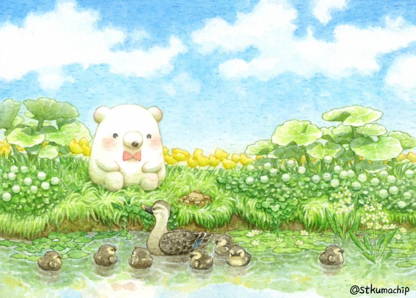 bear bird blush bow bowtie day duck duckling grass mole no_humans original outdoors polar_bear red_bow red_bowtie st.kuma