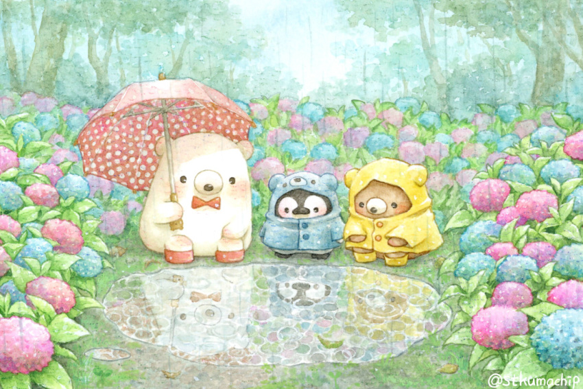 bear bird bow bowtie day flower holding holding_umbrella no_humans original outdoors penguin polar_bear puddle rain rain_boots raincoat red_bow red_bowtie reflection reflective_water st.kuma twitter_username umbrella