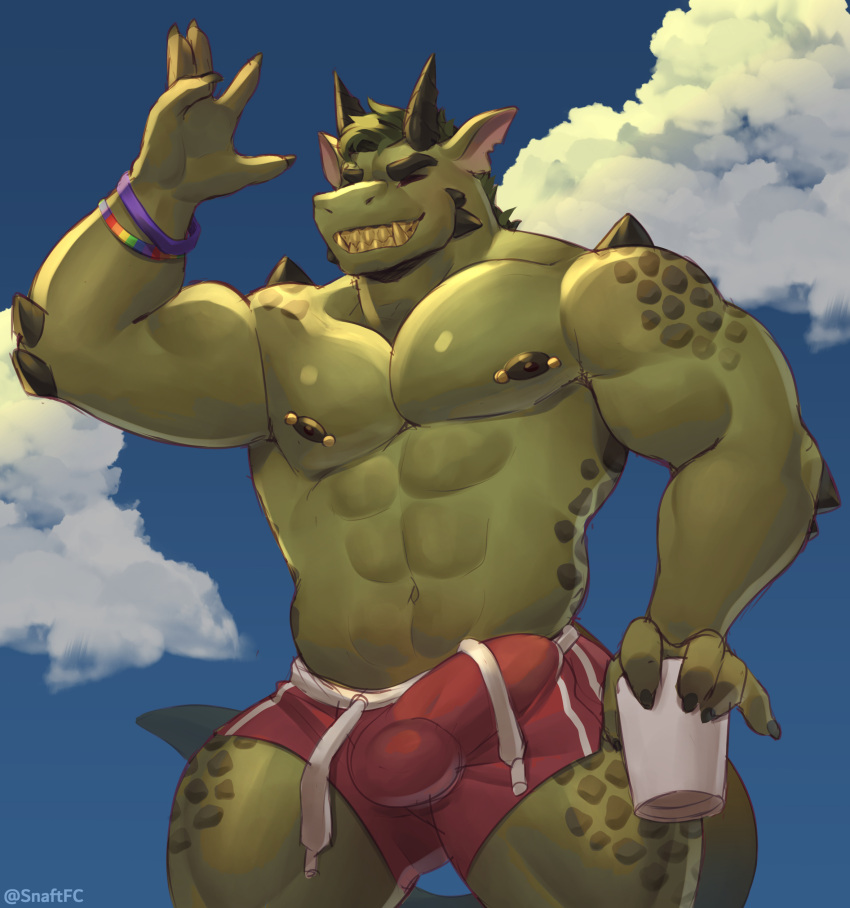 abs absurd_res anthro background_sky black_nipples bottomwear bracelet bulge claws clothing dragon eyebrows green_body green_hair hair hi_res horn humanoid jewelry male male/male muscular muscular_anthro muscular_male nipple_piercing nipples pants pecs piercing red_bottomwear red_clothing red_pants scales smile smirk snaftfc solo yellow_teeth