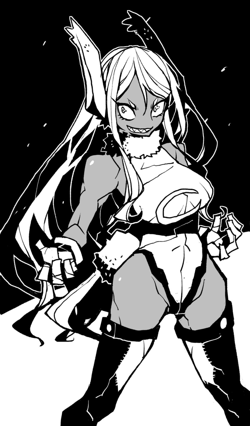 1girl animal_ears boku_no_hero_academia commentary dark-skinned_female dark_skin dowman_sayman fur_collar gloves greyscale high_contrast highres long_hair mirko monochrome muscular muscular_female rabbit_ears rabbit_tail sharp_teeth smile solo tail teeth thighhighs