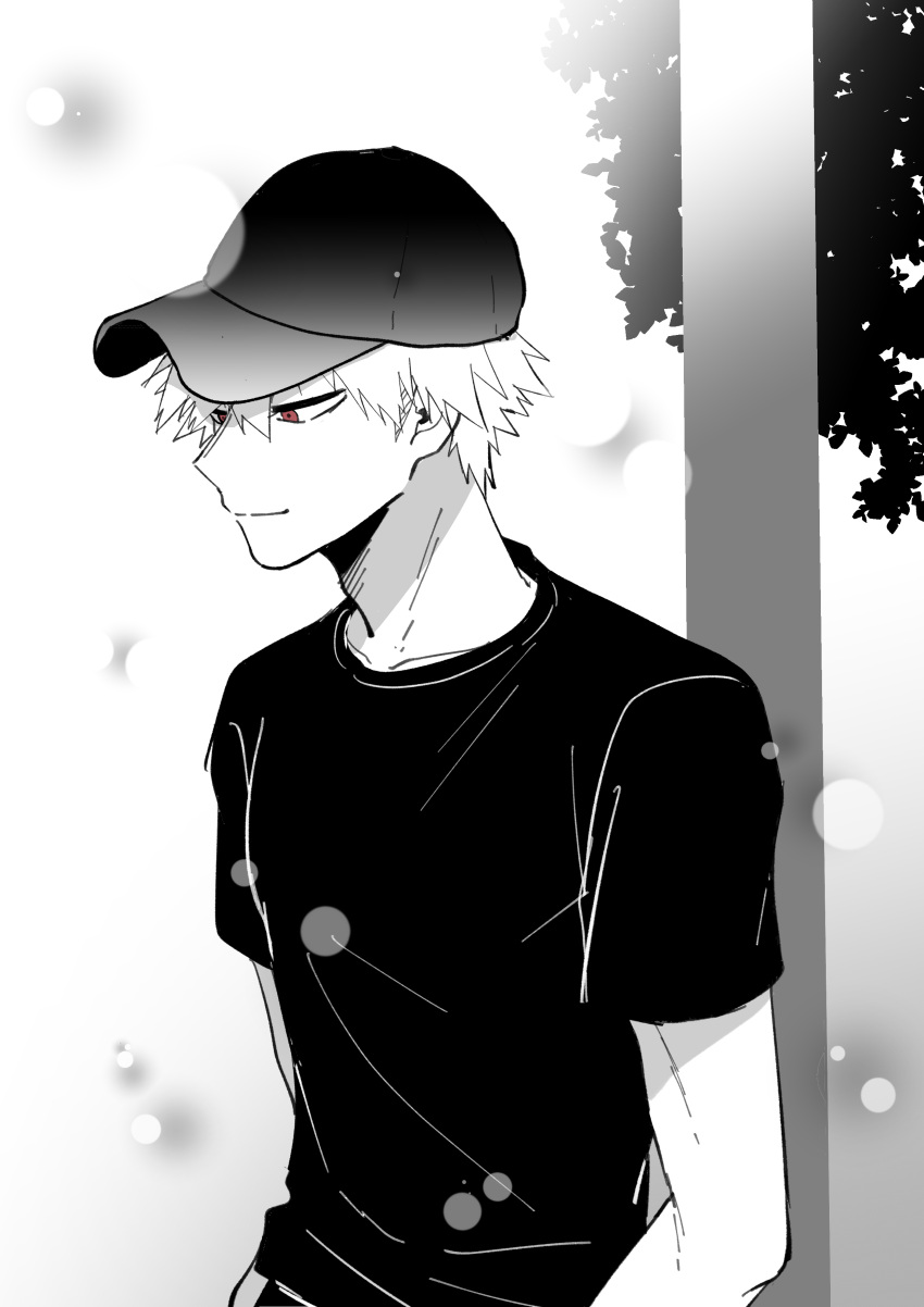 1boy absurdres bakugou_katsuki baseball_cap black_legwear boku_no_hero_academia greyscale hat highres leaf lens_flare male_focus monochrome rapiko red_eyes solo spiked_hair spot_color tree