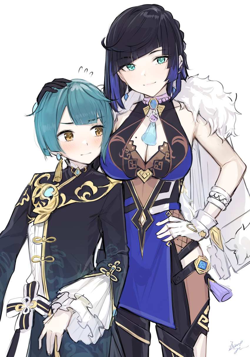 1boy 1girl absurdres aqua_eyes bangs blunt_bangs blush bob_cut breasts cape chinese_clothes cleavage dice fingerless_gloves frilled_sleeves frills fur_trim genshin_impact gloves hand_on_another's_head hand_on_hip highres large_breasts long_sleeves looking_at_viewer mole mole_on_breast short_hair simple_background smile takenoko_no_you tall_female vision_(genshin_impact) white_background xingqiu_(genshin_impact) yelan_(genshin_impact)