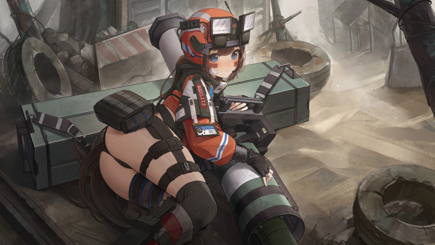 1girl :/ absurdres ass bangs black_legwear blue_eyes blush brown_hair closed_mouth commentary english_commentary facial_mark feet_out_of_frame goddess_of_victory:_nikke hair_between_eyes helmet highres holding id_card kneehighs looking_at_viewer lunia lying mika on_side project_nikke solo thighs tire