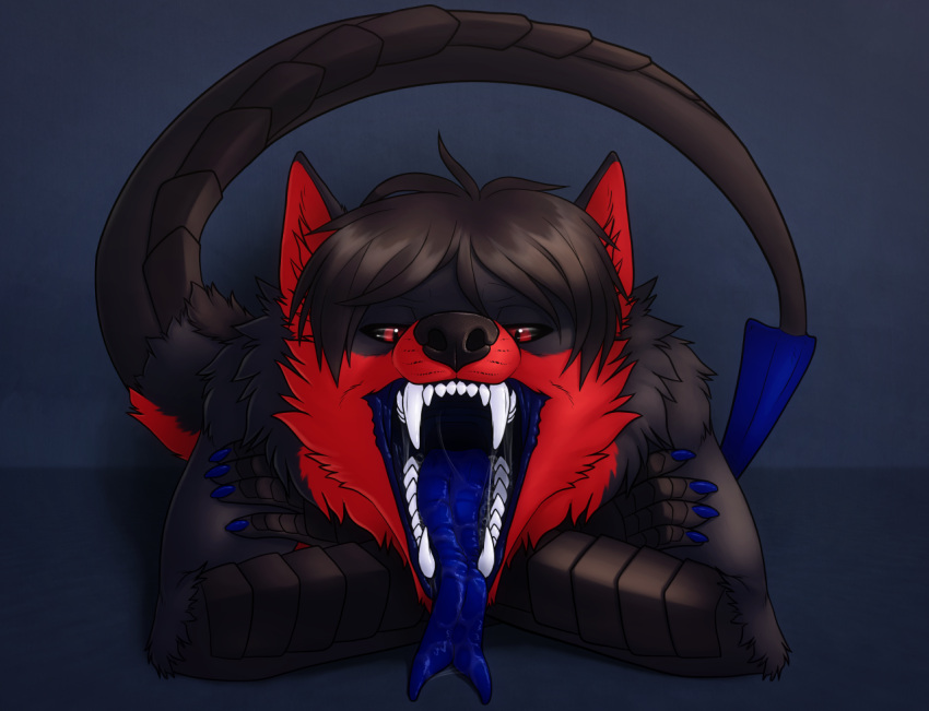 anthro big_fangs black_body black_ears black_hair black_nose black_sclera black_tail blue_claws blue_tail blue_tongue bodily_fluids cheek_tuft claws crossed_arms elbow_tufts facial_tuft fangs forked_tongue fur glistening glistening_eyes hair inner_ear_fluff looking_at_viewer male mouth_shot narrowed_eyes open_mouth pupils red_body red_eyes red_fur red_inner_ear red_inner_ear_fluff red_tail saliva saliva_on_tongue saliva_string sharp_teeth shoulder_tuft skyelegs slit_pupils solo teeth tongue tongue_out tuft