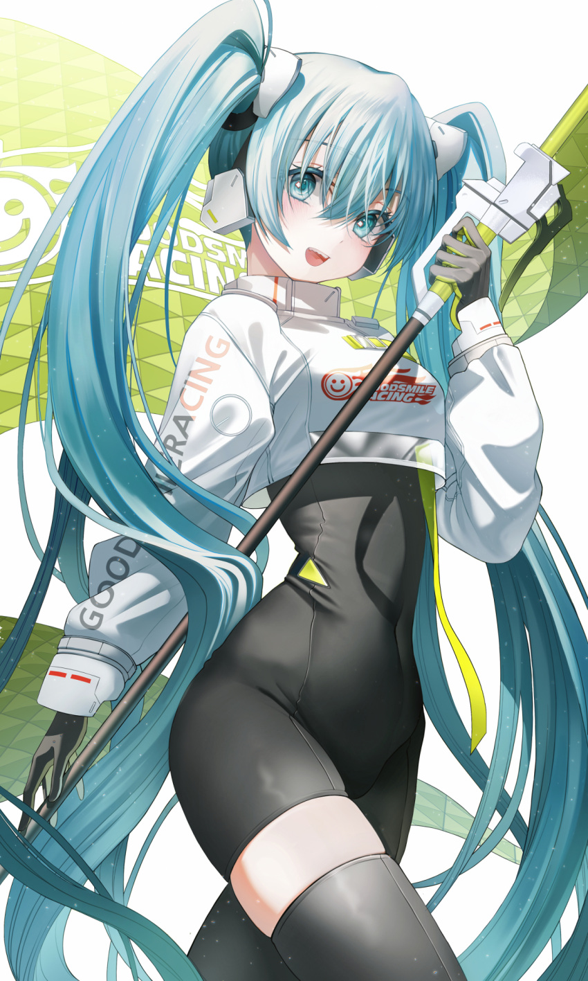 1girl :d bangs black_bodysuit black_gloves black_legwear blue_eyes blue_hair bodysuit breasts clothes_writing covered_navel cowboy_shot crop_top eyebrows_visible_through_hair flag gloves hatsune_miku headgear highres holding holding_flag liso long_hair looking_at_viewer open_mouth racing_miku_(2022) simple_background single_thighhigh skindentation small_breasts smile solo thighhighs twintails very_long_hair vocaloid white_background