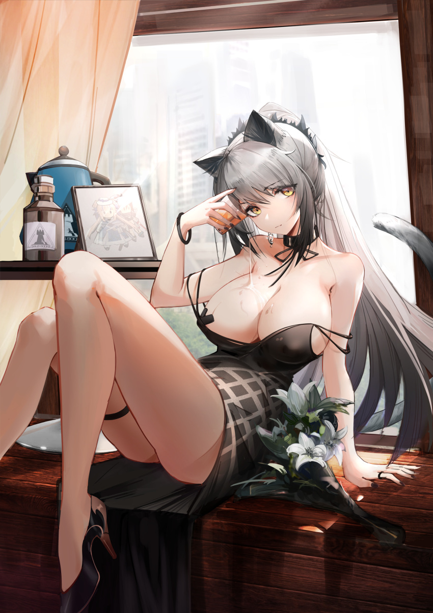 1girl absurdres alternate_costume animal_ears arknights bangs bare_legs black_choker black_dress black_footwear breasts cameo cat_ears cat_tail ceylon_(arknights) chinese_commentary choker cleavage commentary_request cup dress eyebrows_visible_through_hair gloves hand_up high_heels highres holding holding_cup huge_breasts indoors kettle long_hair looking_at_viewer picture_frame ponytail pouring_onto_self rhodes_island_logo schwarz_(arknights) silver_hair solo spaghetti_strap strap_slip tail thigh_strap thighs very_long_hair white_gloves yellow_eyes yunlingluo