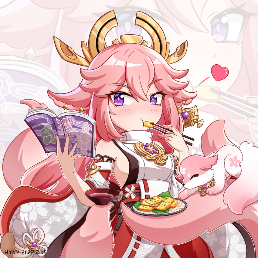 1girl aburaage animal_ears bangs book chopsticks commentary_request detached_sleeves dual_wielding earrings eating eyebrows_visible_through_hair fictional_persona food food_in_mouth fox fox_ears fox_girl fox_tail genshin_impact hair_between_eyes hair_ornament heart highres holding holding_book holding_chopsticks hyny japanese_clothes jewelry long_hair miko pink_eyes pink_hair plate purple_eyes reading sidelocks tail vision_(genshin_impact) wide_sleeves yae_miko yae_miko_(fox) zoom_layer