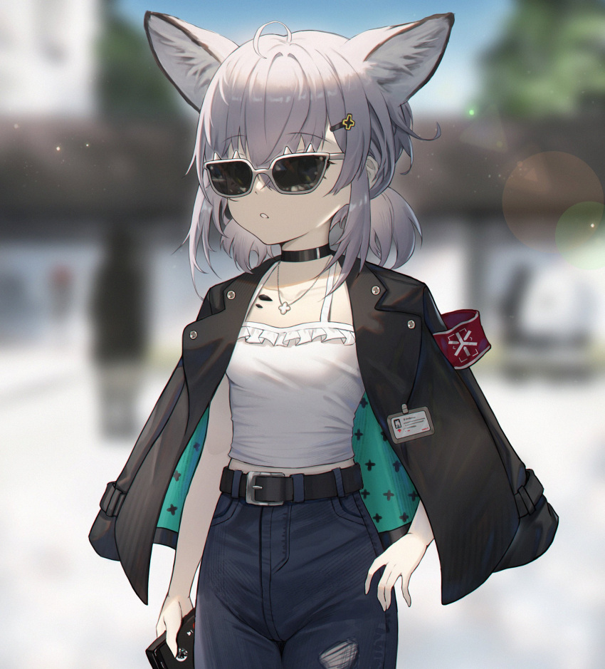 1girl aer7o ahoge animal_ears arknights armband belt black_choker black_coat blue_pants blurry blurry_background bokeh choker coat coat_on_shoulders cowboy_shot crop_top denim depth_of_field frilled_shirt frills grey_hair hair_ornament hairclip high-waist_pants highres jewelry long_sleeves midriff_peek necklace pants parted_lips shirt sleeveless sleeveless_shirt solo spaghetti_strap standing sunglasses sussurro_(arknights) white_shirt