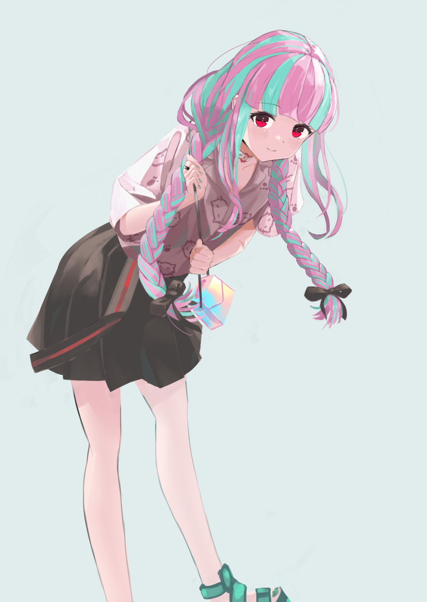 1girl absurdres alternate_hairstyle animal_print aqua_hair bag bang_dream! bow braid cat_print choker hair_bow handbag highres long_hair looking_at_viewer miniskirt multicolored_hair nuage nyuubara_reona pink_hair red_eyes simple_background skirt smile solo streaked_hair twin_braids