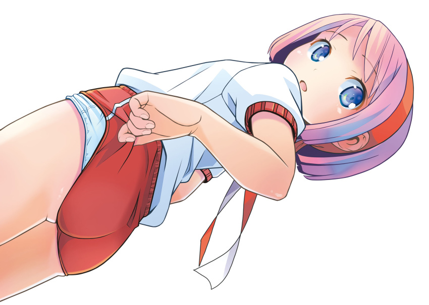 1girl adjusting_buruma adjusting_clothes ass blue_eyes buruma buruma_lift from_behind hairband headband highres lifted_by_self looking_back open_mouth original panties panties_under_buruma pink_hair pop_(electromagneticwave) red_buruma red_headband shirt short_hair short_sleeves simple_background solo thighs underwear white_background white_panties white_shirt