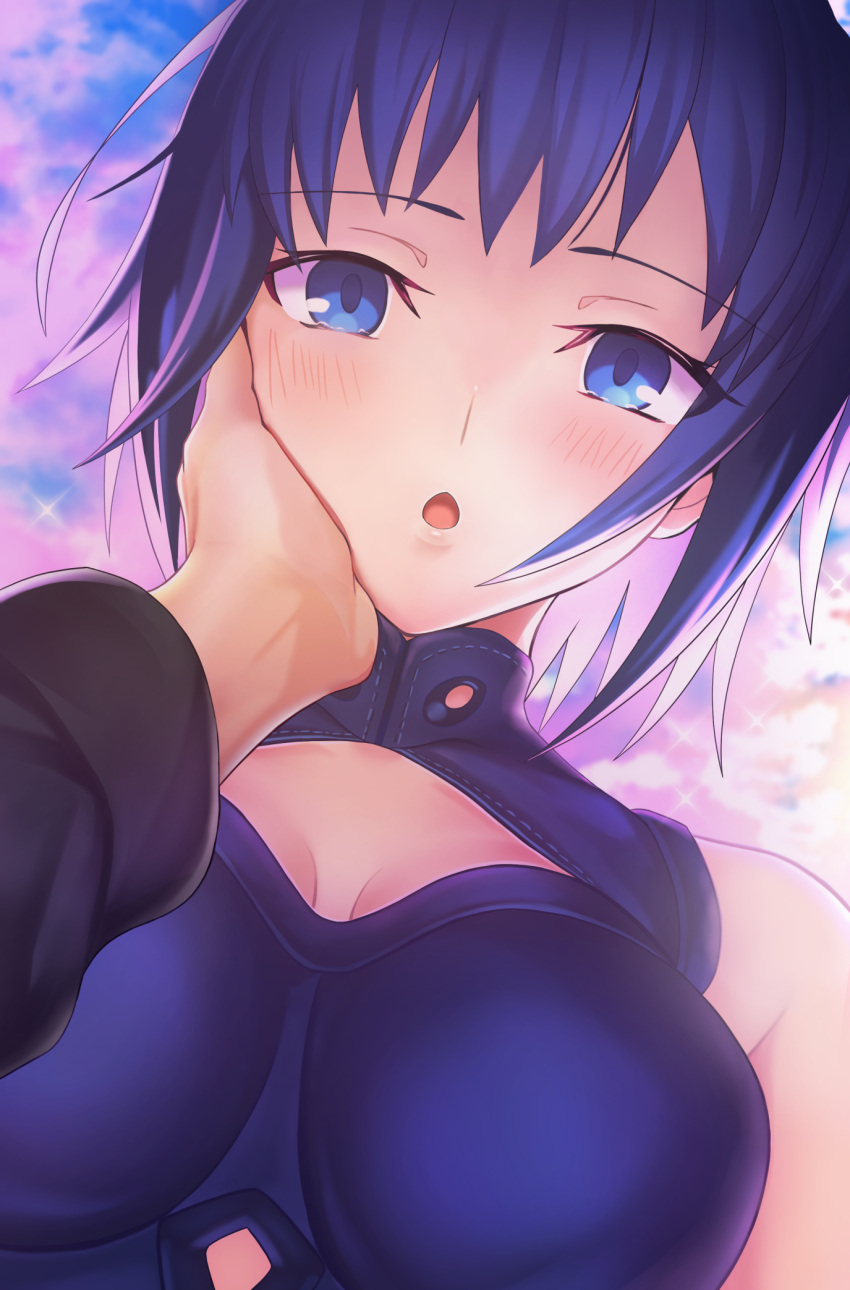 1boy 1girl :o bangs bare_shoulders black_sleeves blue_dress blue_eyes blue_hair blush breasts ciel_(tsukihime) clothing_cutout cloud commentary dress hand_on_another's_face harukey highres large_breasts lips long_sleeves looking_at_viewer out_of_frame outdoors parted_bangs pink_lips pov pov_hands powerd_ciel short_hair sky sleeveless sleeveless_dress solo_focus tearing_up tohno_shiki tsukihime tsukihime_(remake) upper_body