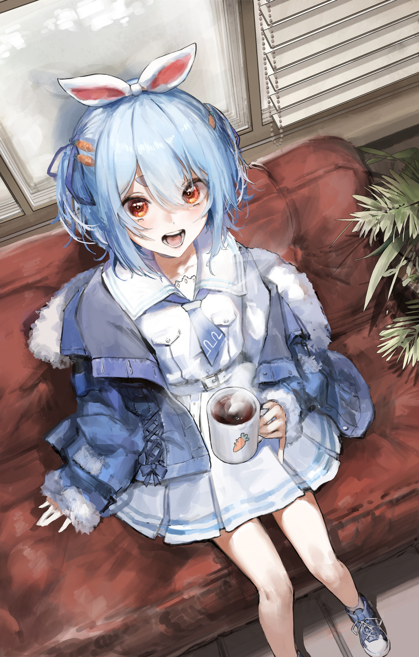 1girl absurdres bare_legs belt blinds blue_footwear blue_hair blue_jacket blue_neckerchief blush carrot_hair_ornament coffee coffee_mug couch cup food-themed_hair_ornament foot_out_of_frame from_above hair_ornament hair_ribbon highres holding holding_cup hololive indoors jacket long_sleeves looking_at_viewer mug multicolored_hair neckerchief on_couch open_clothes open_jacket open_mouth plant red_eyes ribbon rsef school_uniform shirt shoes short_hair skirt solo streaked_hair thick_eyebrows usada_pekora virtual_youtuber white_belt white_hair white_shirt white_skirt window