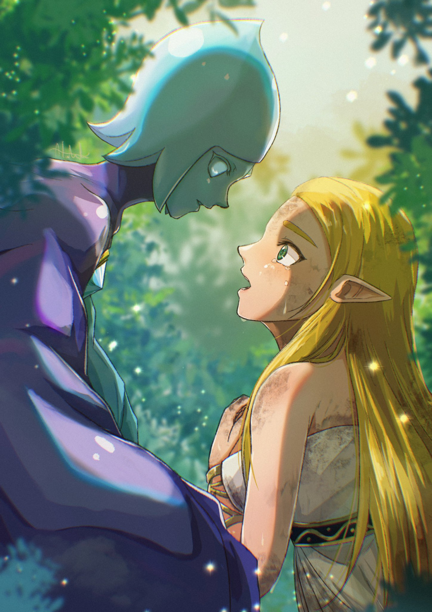 blonde_hair blue_eyes blue_hair bracelet breasts chest_jewel dress fi_(zelda) highres jewelry long_hair medium_breasts open_mouth pointy_ears princess_zelda sakuya_996 short_hair tears the_legend_of_zelda the_legend_of_zelda:_breath_of_the_wild the_legend_of_zelda:_skyward_sword white_dress