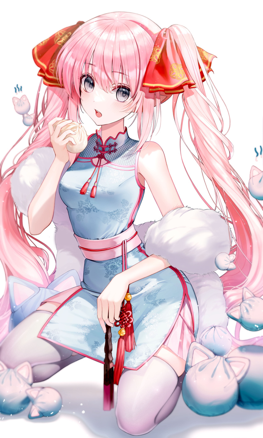 1girl breasts china_dress chinese_clothes dress eyebrows_visible_through_hair highres liso long_hair looking_at_viewer medium_breasts open_mouth original pink_hair sleeveless sleeveless_dress solo thighhighs twintails very_long_hair white_dress white_legwear