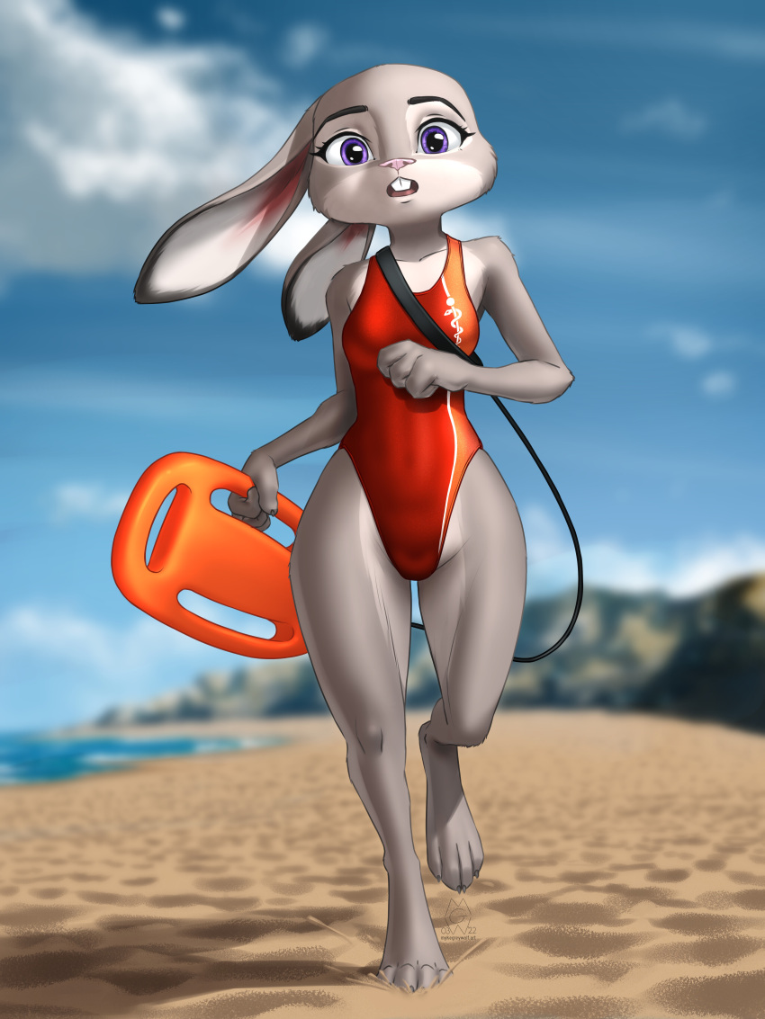 2022 absurd_res action_pose anthro barefoot beach blurred_background buckteeth clothing cloud disney feet female flotation_device fur hi_res holding_object judy_hopps lagomorph leporid lifeguard lifeguard_swimsuit looking_at_viewer mammal multicolored_body multicolored_fur mykegreywolf one-piece_swimsuit open_mouth outside pose rabbit red_clothing red_topwear running sand sea seaside sky solo swimwear teeth topwear two_tone_body two_tone_fur water zootopia