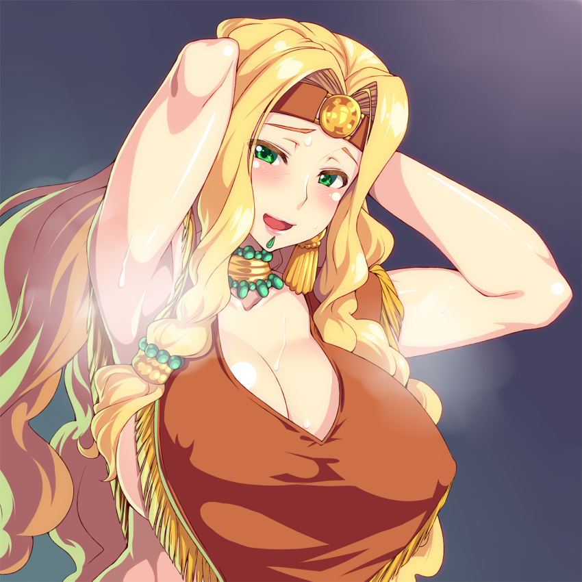 1girl 846-gou :d armpits arms_behind_head arms_up bangs blonde_hair blush breasts chin_piercing cleavage fate/grand_order fate_(series) gem green_eyes green_gemstone headband headdress highres large_breasts long_hair looking_at_viewer open_mouth parted_bangs poncho quetzalcoatl_(fate) sideboob sidelocks smile steaming_body