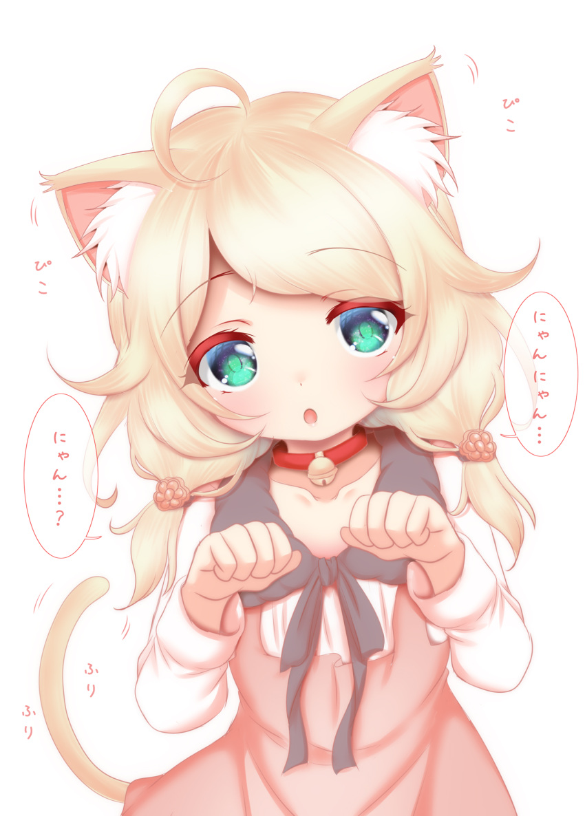 ahoge animal_ear_fluff animal_ears bangs bell black_ribbon blonde_hair cat_ears cat_girl cat_tail child collar collarbone commentary dress eyebrows_visible_through_hair flat_chest flower green_eyes hair_flower hair_ornament hands_up highres hosizora_mikoto idolmaster idolmaster_cinderella_girls light_blush long_sleeves looking_at_viewer low_twintails medium_hair messy_hair neck_bell open_mouth paw_pose pink_dress ribbon solo speech_bubble tail translated twintails white_background yusa_kozue