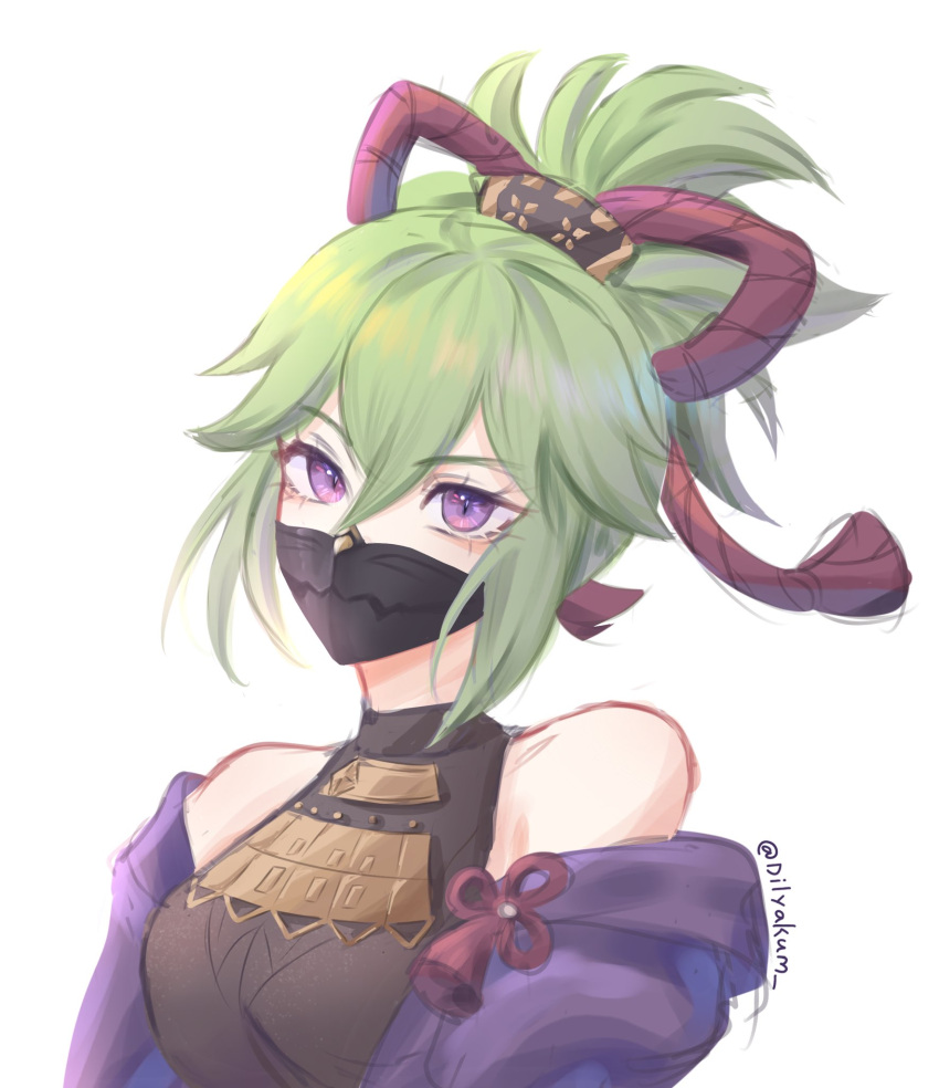 1girl black_mask breasts dilyakum face genshin_impact green_hair hair_ornament highres hood hoodie imminent_hit jacket kuki_shinobu looking_at_viewer mask mouth_mask ninja_mask ponytail purple_eyes purple_hoodie purple_jacket solo