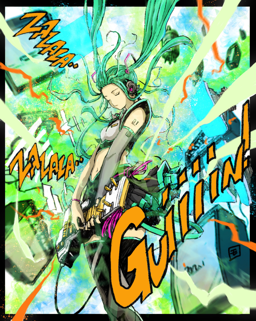 1girl absurdres adapted_costume amplifier bangs black_border black_footwear blue_hair boots border cable closed_eyes floating_hair guitar hatsune_miku highres holding holding_instrument instrument long_hair moyan procreate_(medium) solo thigh_boots thighhighs twintails very_long_hair vocaloid