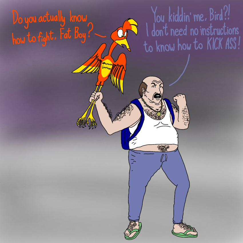 1:1 adult_swim anthro aqua_teen_hunger_force avian backpack bald banjo-kazooie beak bird blue_text breegull brown_hair carl_brutananadilewski cartoon_network clothed clothing crossover dialogue digital_drawing_(artwork) digital_media_(artwork) duo english_text facial_hair feathers female feral fist footwear gold_(metal) gold_chain gold_jewelry gold_necklace green_eyes hair hairy_arms hairy_feet head_tuft hi_res human humor insult jewelry kama_and_hallie kazooie leg_grab male male/female mammal mustache necklace open_mouth overweight overweight_male pose pubes rareware red_body red_feathers red_text sandals shirt simple_background sweatpants talons tank_top text topwear tuft undershirt video_games white_clothing white_shirt white_topwear wings yellow_body yellow_feathers yellow_feet